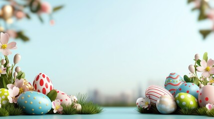 Pastel Easter eggs nestling among spring blooms, framing soft urban landscape with seasonal celebratory charm