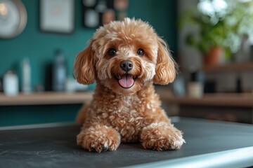 Small brown toy poodle puppy lying on a table, panting and smiling, in a modern home environment