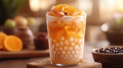 A vibrant orb of tapioca pearls, nestled in a milky sea of sweetness, a symphony of textures and flavors that tantalizes taste buds and satisfies cravings.