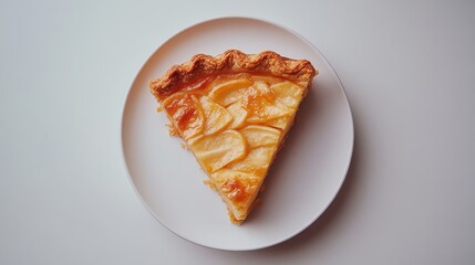 A golden-brown slice of apple pie, its flaky crust radiating warmth against a pristine white backdrop, beckoned from its pedestal.