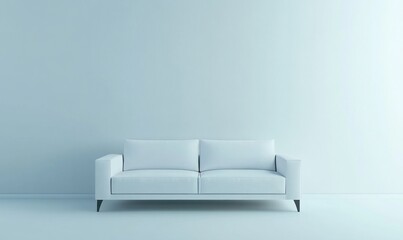 Minimalist light blue room with white sofa.