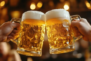 A lively pub scene with two friends clinking large frosty beer mugs, golden liquid foaming over the edges.