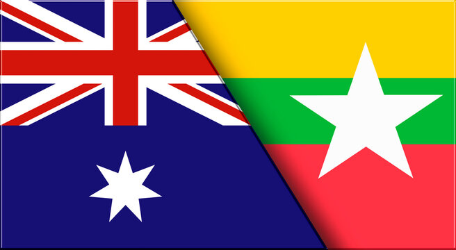 Flags of Australia and Myanmar. Australian and Burmese, Burma National flags - Powered by Adobe