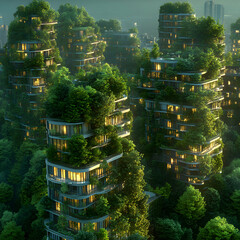 Obraz premium Futuristic eco city with green rooftops and integrated vegetation showcasing sustainable urban design and harmonious blending of nature and architecture