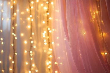 String lights and sheer pink fabric create a soft backdrop