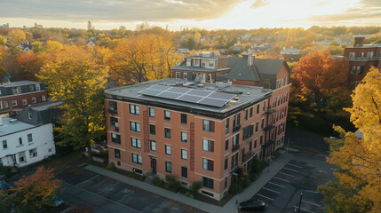 The roof of the apartment building features a solar panel, providing eco-friendly power.


