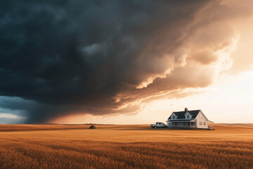Naklejka premium Dramatic storm clouds over a farmhouse in wheat fields