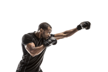 A male boxer in black sportswear and gloves throws a strong right jab. His stance is focused, muscles tense, highlighting strength, precision, and athleticism, isolated on a transparent background