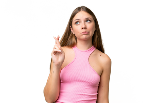 Young beautiful blonde woman over isolated background with fingers crossing and wishing the best