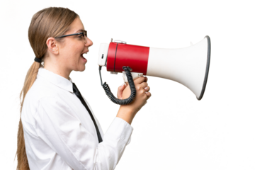 Young business caucasian woman over isolated background shouting through a megaphone