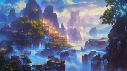 Fototapeta premium Enchanting Golden City Nestled in Misty Mountains and Waterfalls