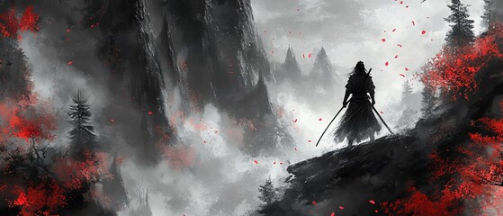 Warrior stands atop a cliff, mountains and red foliage surround