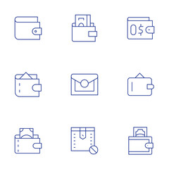 Wallet icons set. Thin Line style, editable stroke. wallet, no money, purse