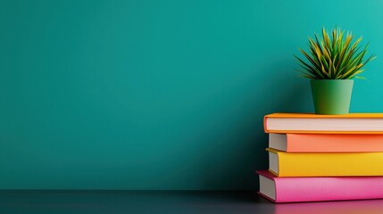 A stack of colorful books beside a small potted plant against a teal wall, creating a vibrant and inviting study space.
