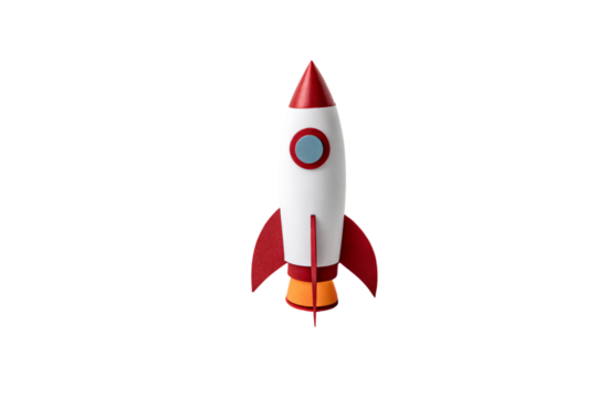 A vintage-style rocket with a red cone, white body, and single blue window, standing on red fins, with a fiery orange thruster at the base, isolated on a transparent background