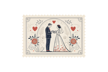 A wedding-themed postage stamp with a bride and groom exchanging rings, surrounded by floral patterns, hearts, and elegant linework, exuding romance, isolated on a transparent background