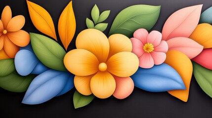A vibrant, colorful floral design featuring orange, pink, and blue flowers with green leaves against a dark background.