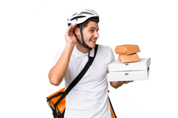 Young caucasian man with thermal backpack over isolated background listening to something by putting hand on the ear