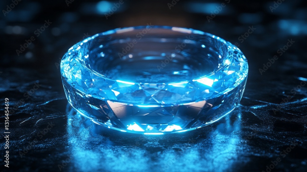 Poster The intricate crystal ashtray emits a captivating blue light, harmonizing with a dark reflective surface while guests savor their evening in an elegant setting filled with laughter