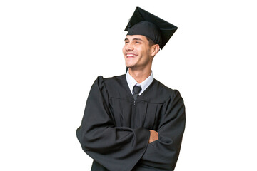 Young university graduate caucasian man over isolated background happy and smiling