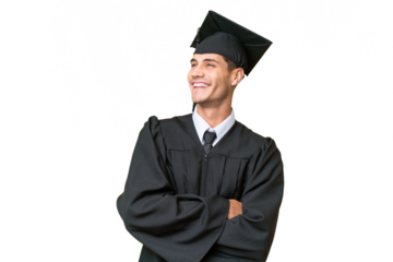 Young university graduate caucasian man over isolated background happy and smiling
