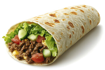 Close-up of a flour tortilla wrap filled with seasoned ground beef lettuce tomatoes cucumber and corn.