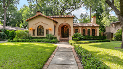 Fototapeta premium Elegant stucco home with red-tiled roof arched brick details lush green lawn and inviting pathway under the shade of mature trees.