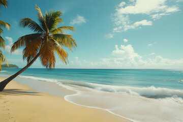 Fototapeta premium Idyllic Tropical Beach Scene with Palm Tree Leaning Over Turquoise Water