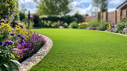 Obraz premium Lush vibrant backyard featuring a pristine artificial lawn bordered by colorful flowers and neatly arranged pebbles.