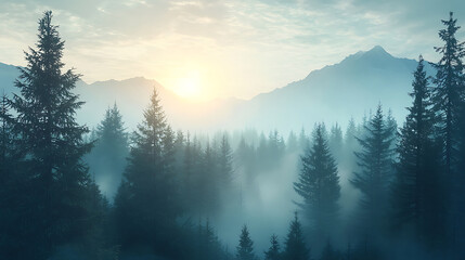 Misty mountain forest at dawn evergreen trees silhouetted against a soft sunrise.