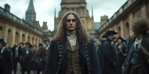 Isaac Newton walks through London in 1700 surrounded by historical figures in a bustling city. Header banner mockup with copy space.