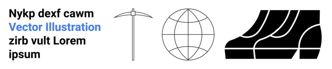 Pickaxe, globe representing exploration, and industrial boots symbolizing labor and safety. Ideal for mining, geology, exploration, labor safety, industrial practices global workforces. Flat landing