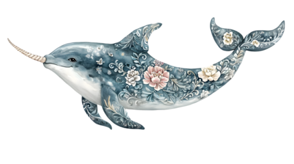 Floral Narwhal Dolphin Tattoo Design