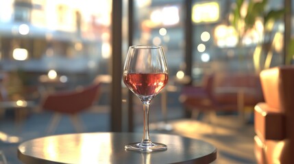 Fototapeta premium Rose wine glass in modern cafe