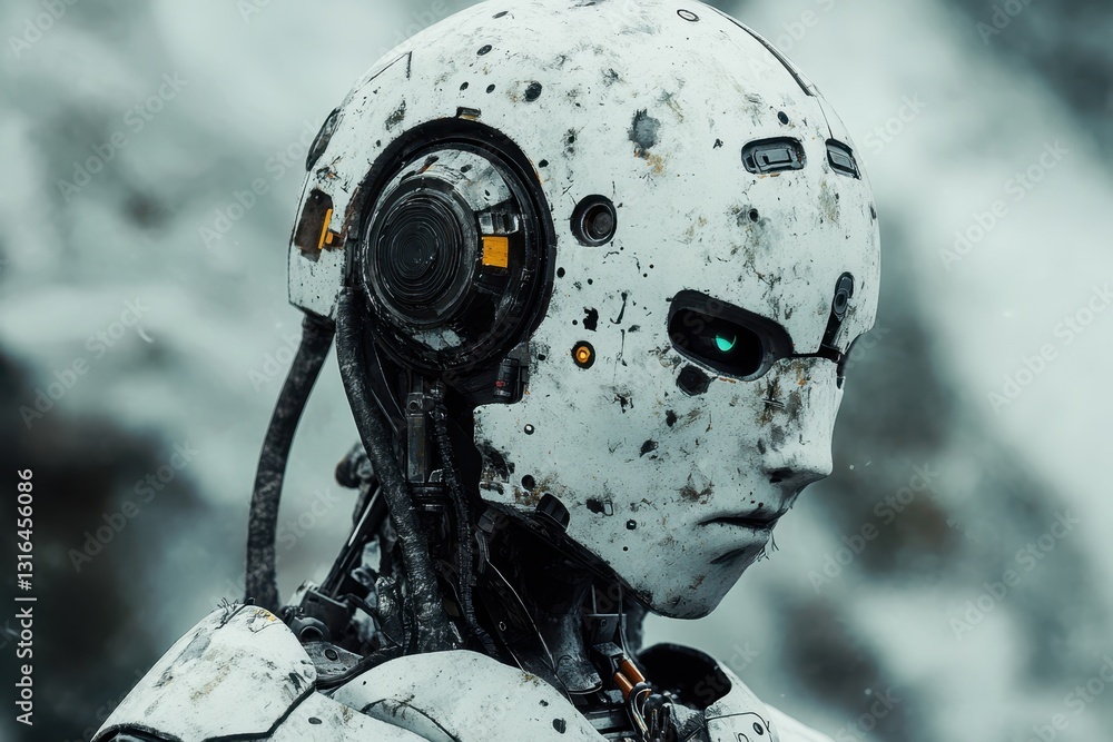 Poster robot figure with expressive features stands against a rugged background in a futuristic setting