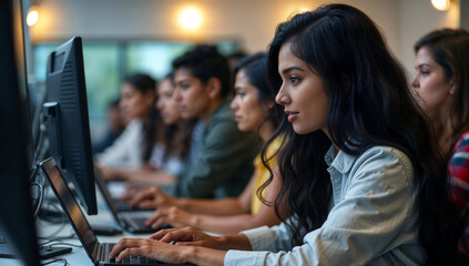 Indian Female Student in a University Computer Lab Studying and Collaborating with Peers in a Modern Educational Setting