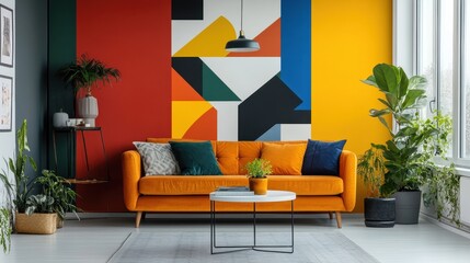 A vibrant modern living room with a bright and colorful design