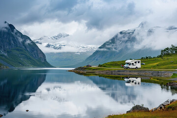 Holiday trip on large family motorhome for holiday in beautiful natural nature, abstract vivid composition consists of fictional unreal fantastic vision on background
