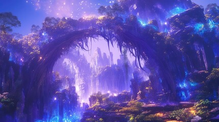 Fototapeta premium Enchanted Forest Landscape Magical Purple Grotto and Glowing Falls