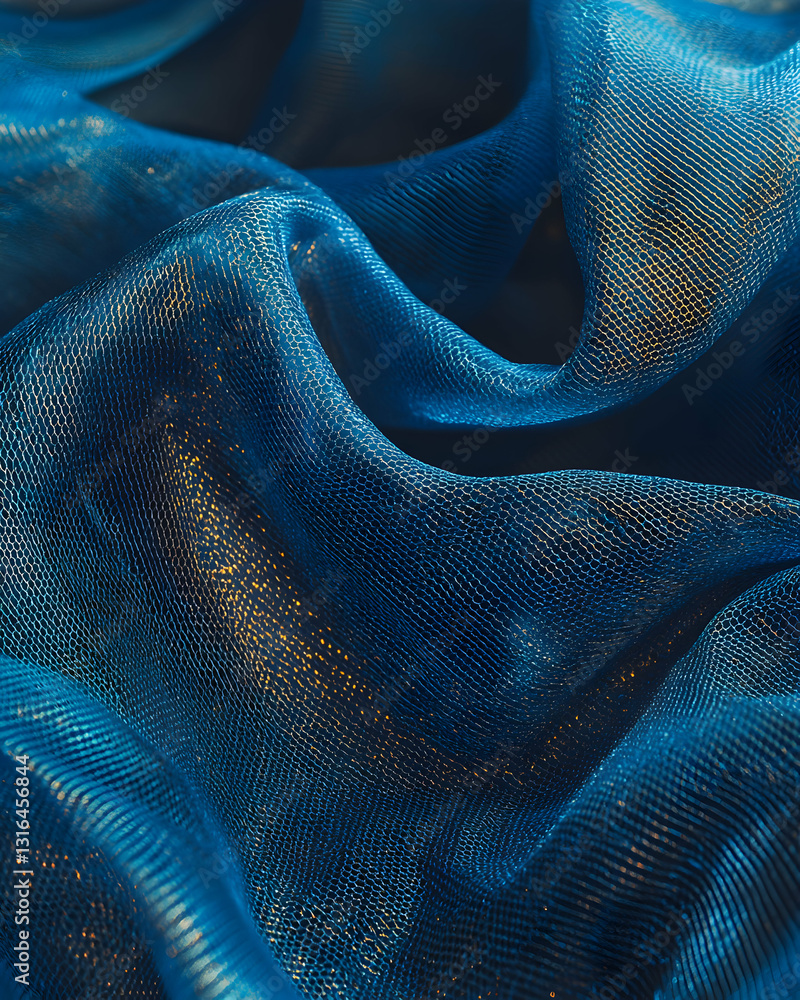 Poster intricate texture of a rippling blue net with subtle golden highlights
