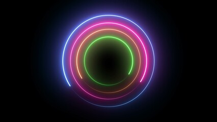 Neon circle Technology frame. Abstract blue and yellow light effect background. Abstract studio with violet glowing circle frame.	