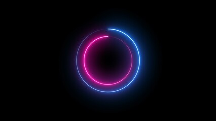 Neon circle Technology frame. Abstract blue and yellow light effect background. Abstract studio with violet glowing circle frame.	