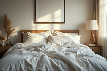 Messed bed with white pillow and duvet blanket with natural light in bedroom in the morning,Messy bed after wake up,Messy bed and Cozy Bedroom Concept