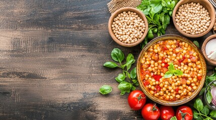 Chickpea Stew with Fresh Vegetables and Herbs in a Rustic Wooden Setting with Assorted Ingredients Surrounding the Dish