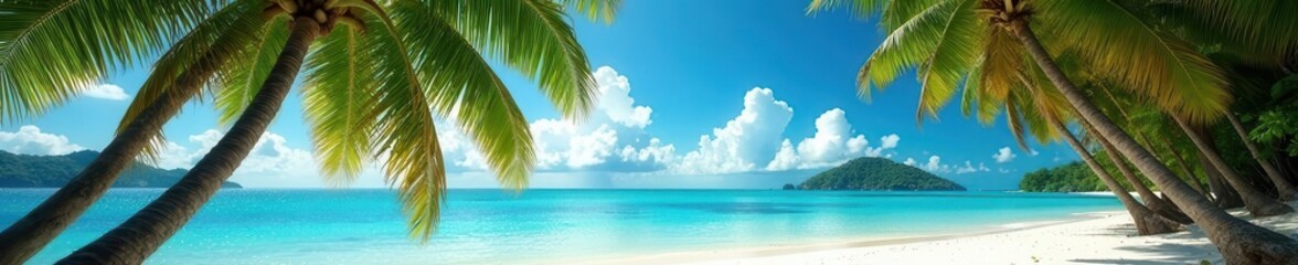 Fototapeta premium Lush Philippine palm trees bending over white sand beach, southeast asia, island, sea