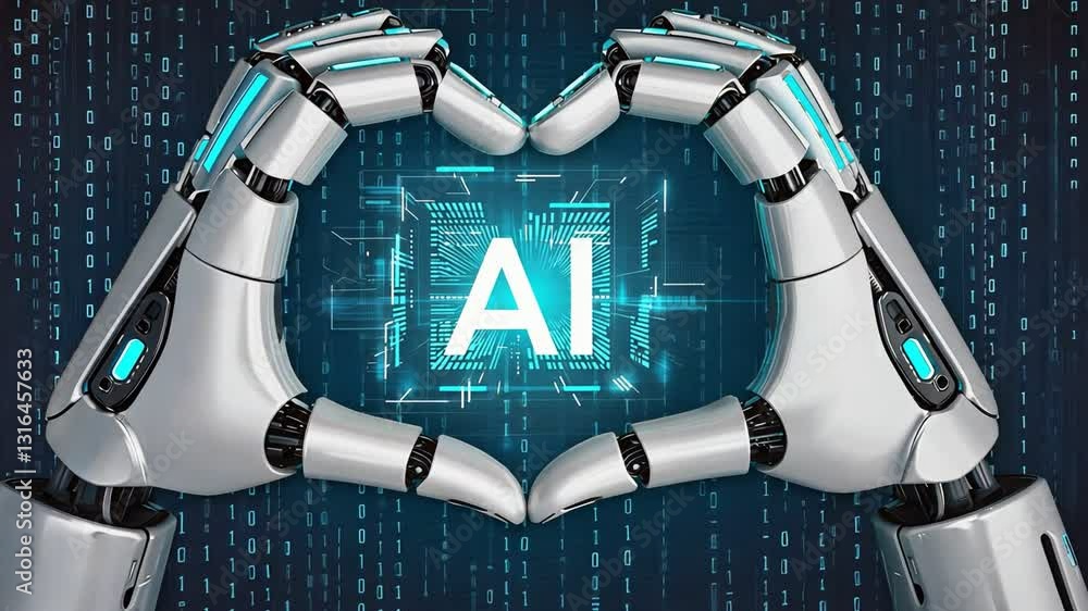 Aufkleber ai's embrace: robotic arms form a heart shape around the glowing letters 