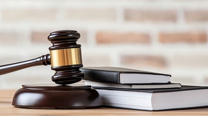 Dark Brown Wooden Gavel and Law Books on Wooden Surface