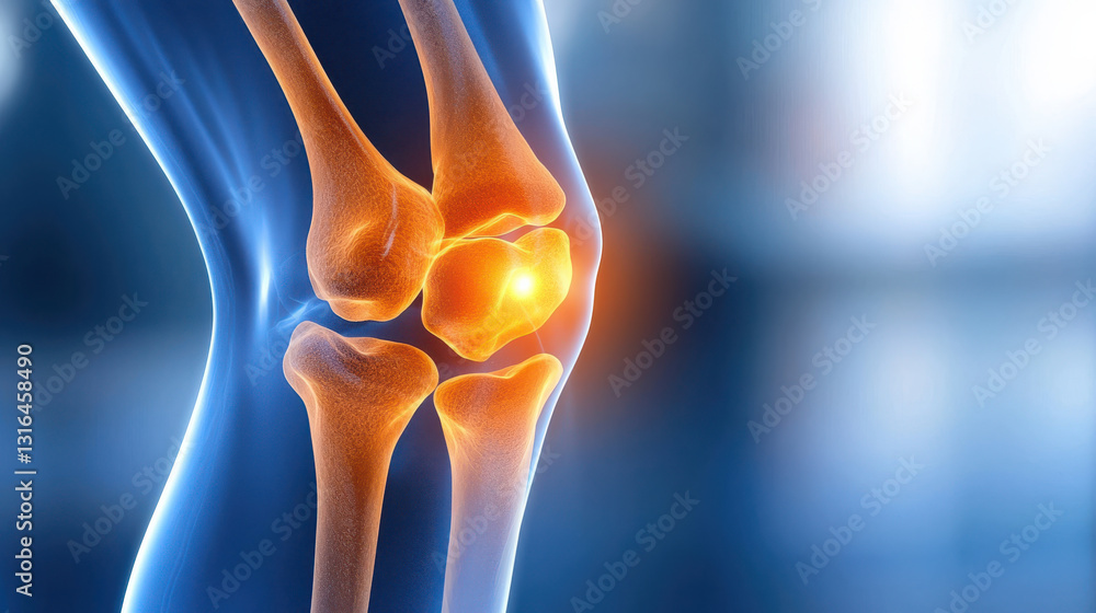 Poster detailed close up of knee joint x ray, highlighting intricate bone structures and joint anatomy. ima
