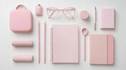 Minimalist aesthetic flat lay Stylish pink stationery and accessories arranged neatly on a surface.