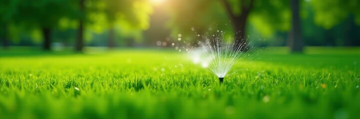 Obraz premium Newly installed underground sprinklers on vibrant green park grass, vibrant, new, park lawn